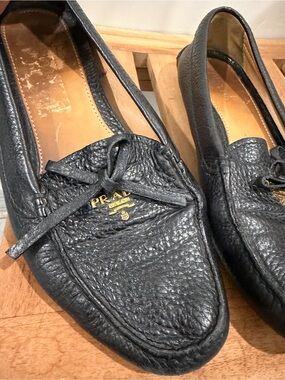 Prada Black Pebbled Leather Moccasins with Bow